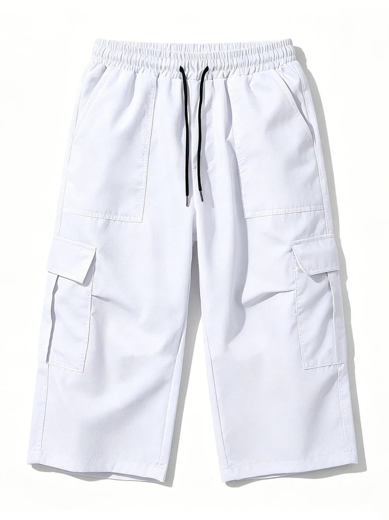 2026 New Men Multi Pocket Cargo Capri Shorts Loose Fit Daily Street Travel Outdoor Casual Drawstring Waist Cropped Short Pants