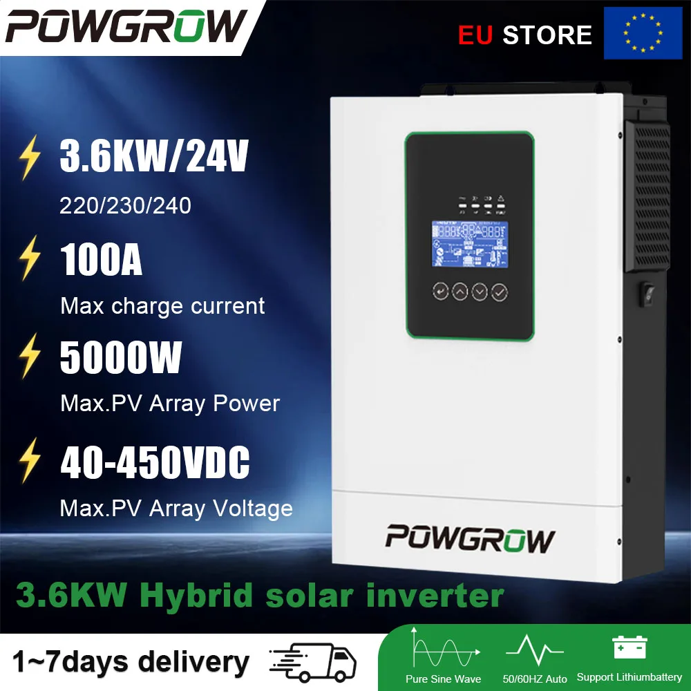 POWGROW 12KW 48V Zuivere Sinusgolf Hybride Off-Grid Omvormer Dubbele MPPT 60-450V 15000W PV Ingang 160A Lading 24KW Piekstroom 10ms Schakeling Werkt Zonder Batterij EU