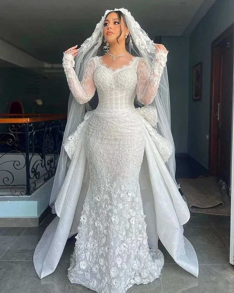Customized Gorgeous Scoop Neck Crystals Mermaid Wedding Dress Chapel Train Robe De Mariée Plus Size Flower Bridal Gowns