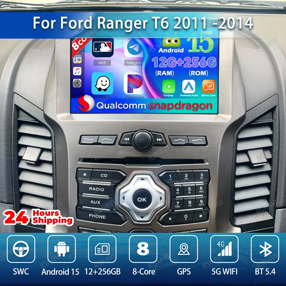 Автомобильный радиоприемник Android 15 для Ford Ranger T6 2011-2014, Snapdragon Viedo Player 360, камера, автоматический головное устройство Carplay QLED WIFI + 4G BT DVD