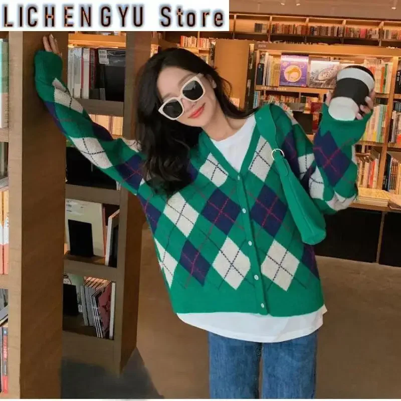 New Winter Spring Argyle Cardigan Women Jacket Sweater N Vintage V Neck Knit Sweater Fall College Warm Tops Sweet Fashion Coat