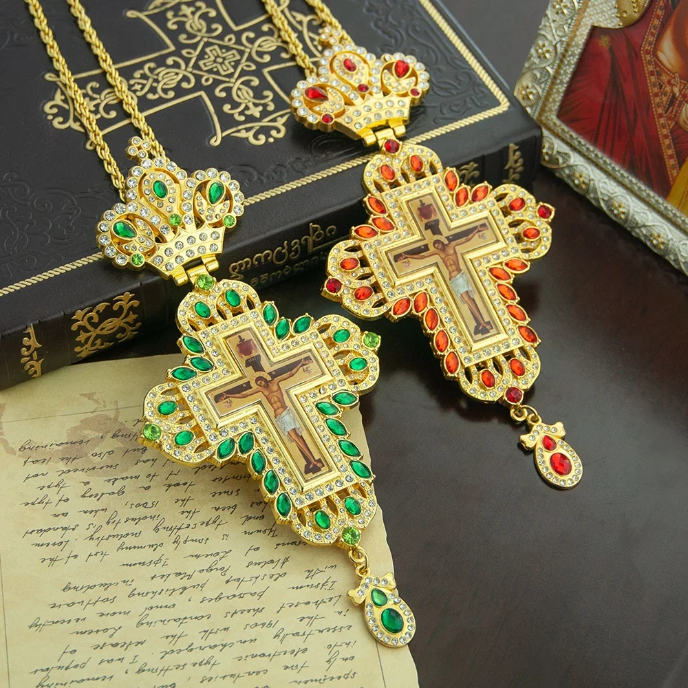 HTISOK Orthodox Cross Pendant Gold Plated Jesus Crucifix Cross with Gemstone Sacred Jewelry Baptism for Religious Decor & Gift