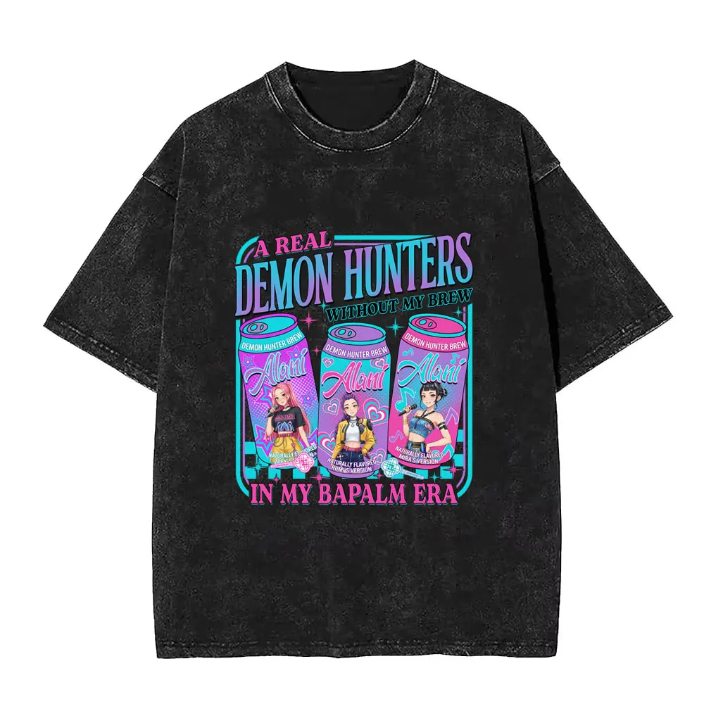 

Movie Kpop Demon Hunters Rumi Mira Zoey Washed Vintage T-shirt Men Women Fashion Oversized Streetwear Male Soft Cotton T Shirts
