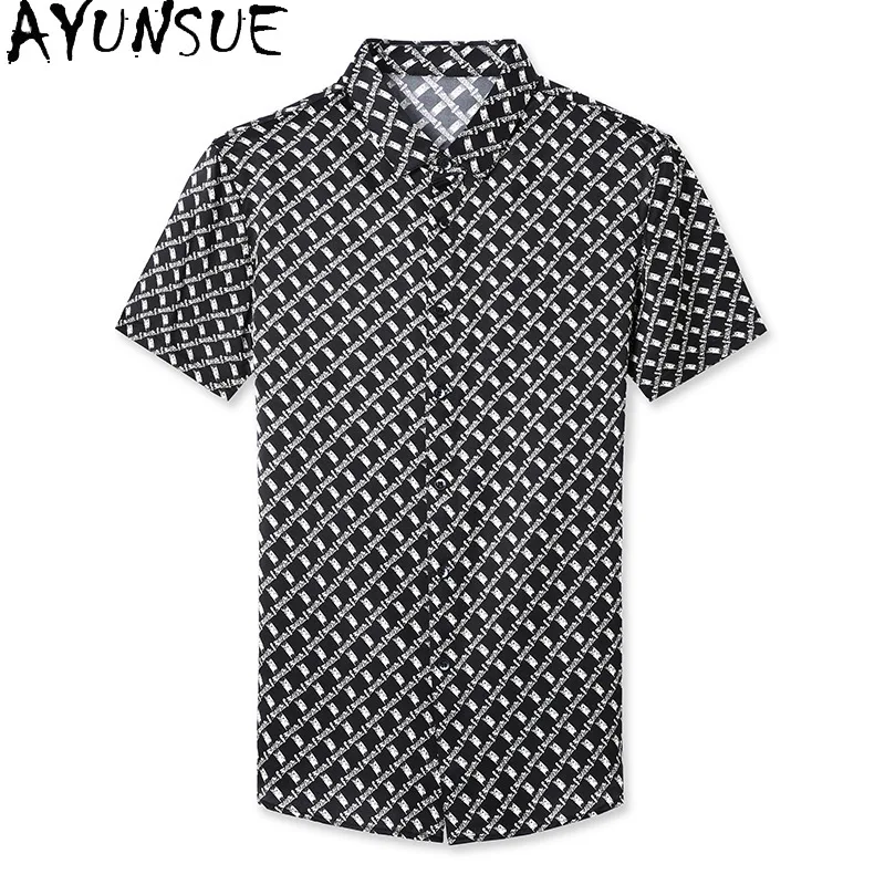 AYUNSUE Real Silk Shirts for Man Clothing Quality 92.4% Mulberry Silk Short Sleeve Shirt Fashion Summer Floral Mens Shirts Tops
