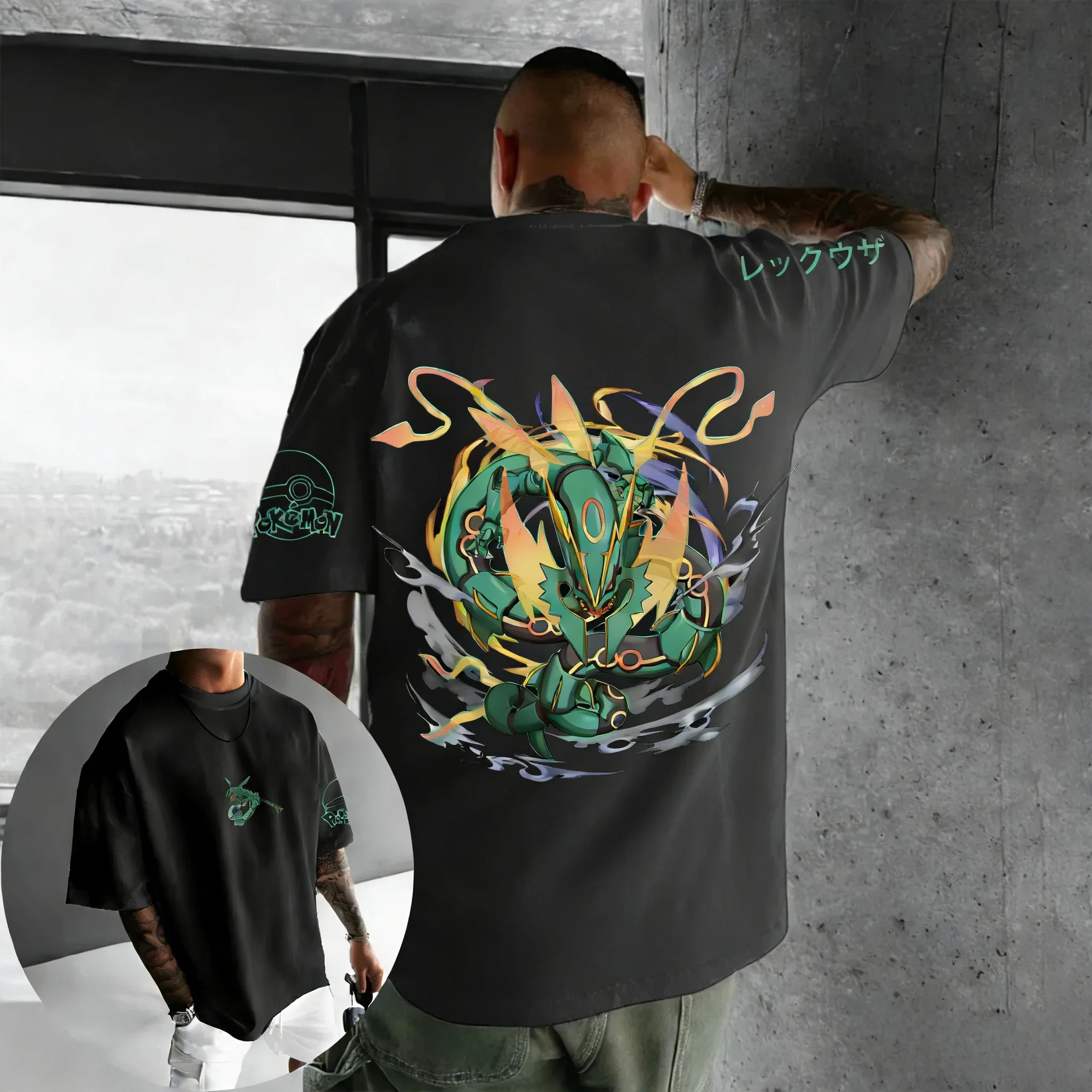 

Мужская и женская футболка из чистого хлопка с принтом Pokémon Anime Rayquaza, новинка лета, свободный повседневный топ в стиле Харадзюку Y2K для родителей и детей