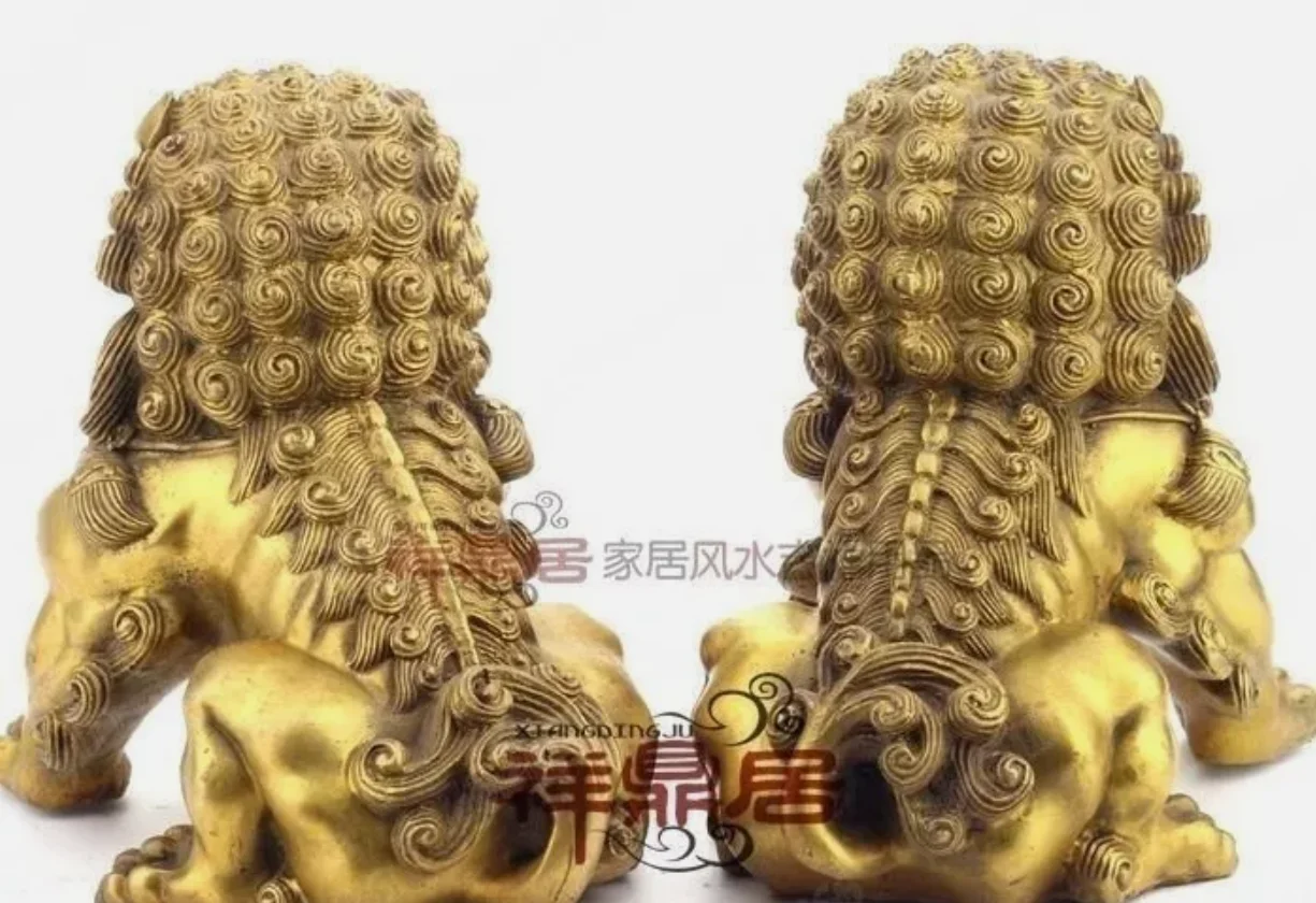 Chinese Classic copper Big lion guard pair fenshui foo Dog statues height 20cm