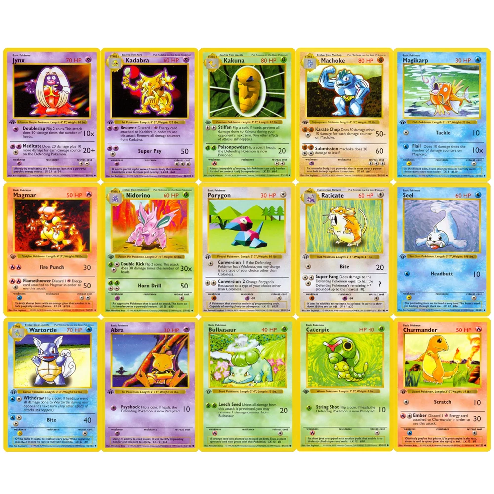 PTCG - conjunto base 1a edição, 102pcs Blastoise Squirtle Pikachu TCG Jogos de tabuleiro Cartão Proxy