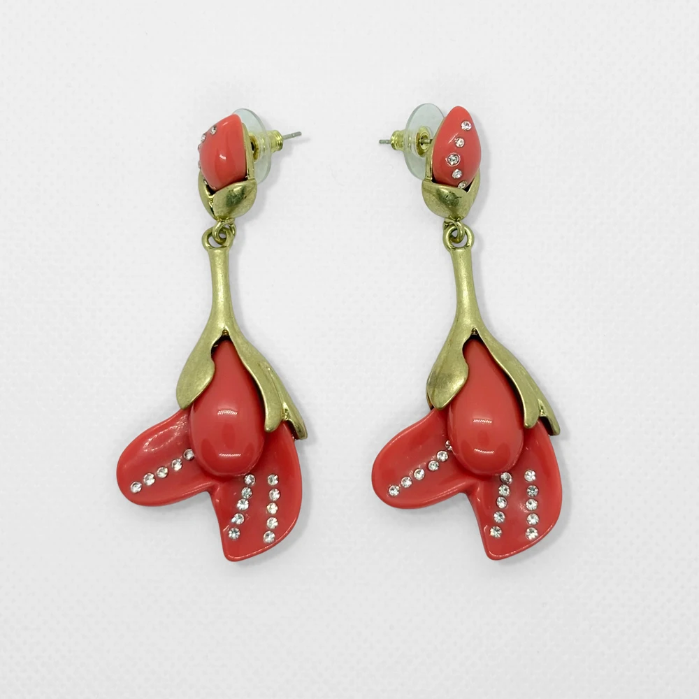 

Os Fashion Coral Red Resin & Rhinestone Red Magnolia Flower Necklace or Stud Earrings Jewelry Set for Women Party