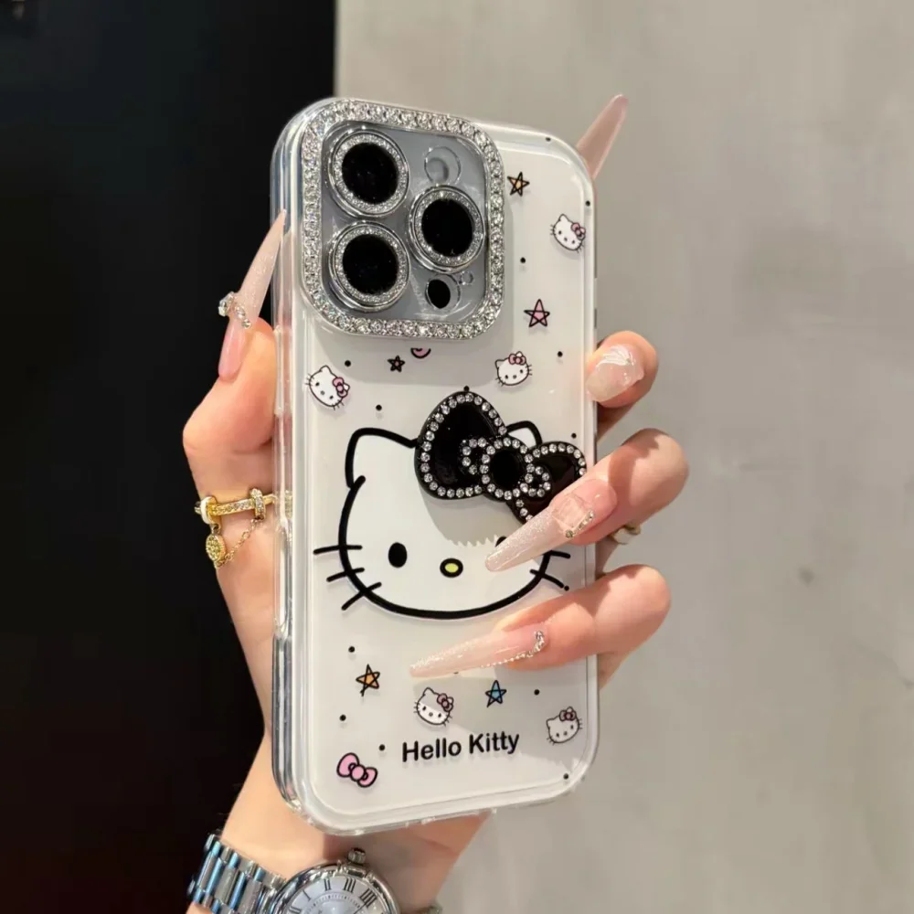   Bling glitter 3d bonito dos desenhos animados sanrio olá kitty bowphone caso para iphone 17 16 15 14 13 12 11 pro max doce cor capa traseira