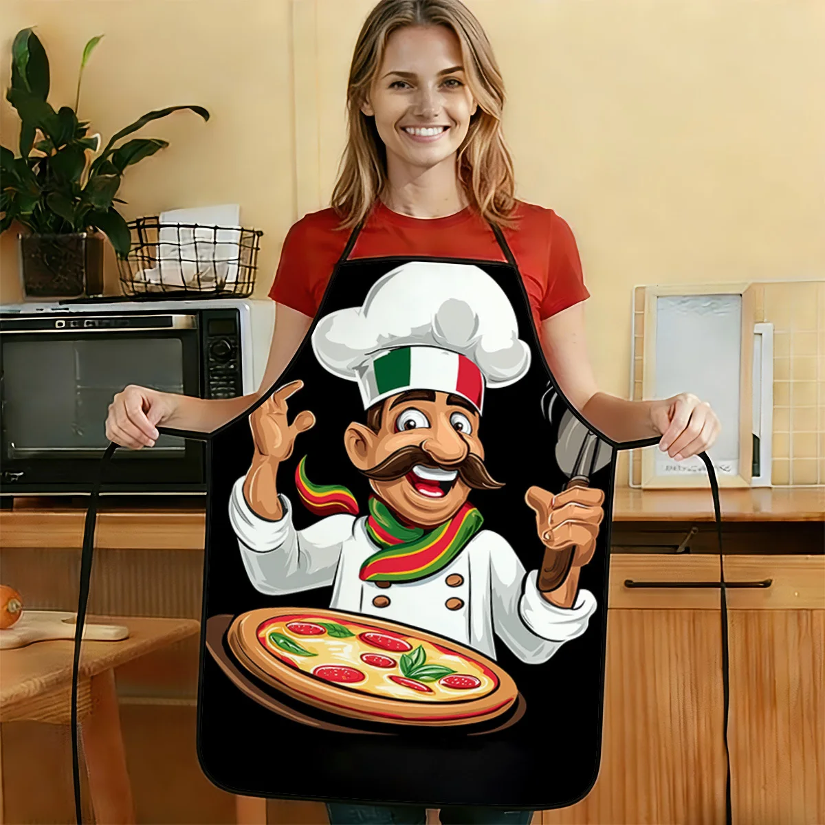 1pc 2D Flat  Italian Chef'S Delicious Pizza Printed Apron Durable And Easy To Clean Adjustable Waist 50x75cm 68x95cm