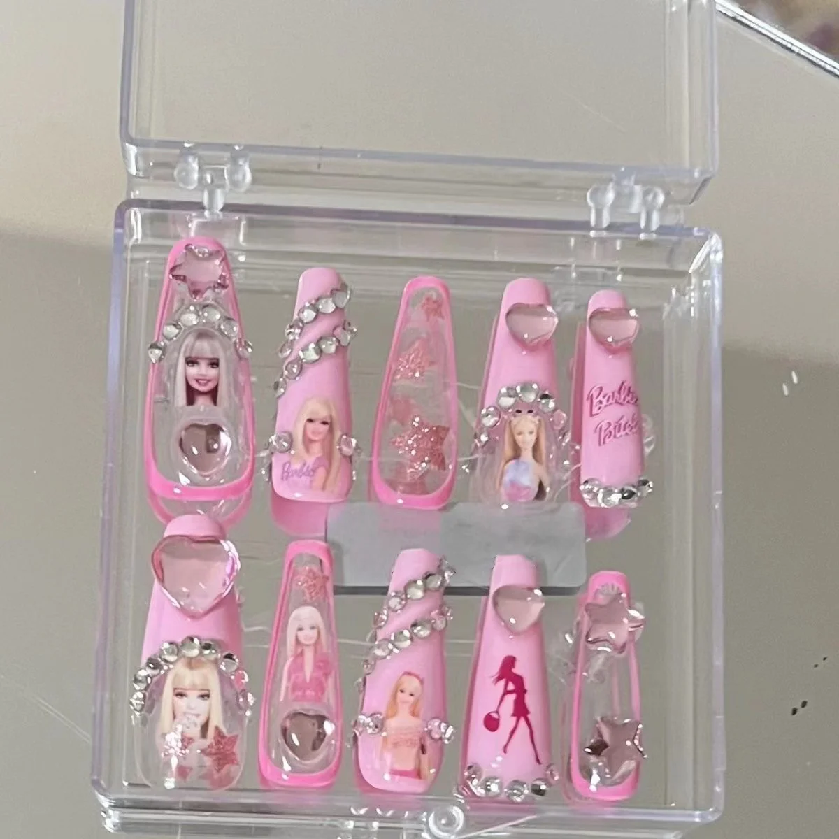 

Pop Pink Barbie Long Stiletto Nails, Cute Fake Nails, Hand Painted Kawaii Gel Nail Art, Event/Concert/Prom Nail Art