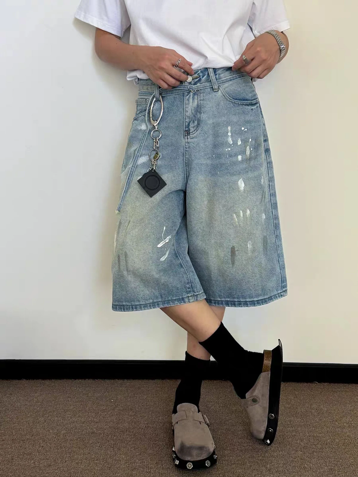 

American Design Sensation Splaed Ink Denim orts Men Summer Vintage Street Waed Loose Wide Leg Seven-Foot Pants
