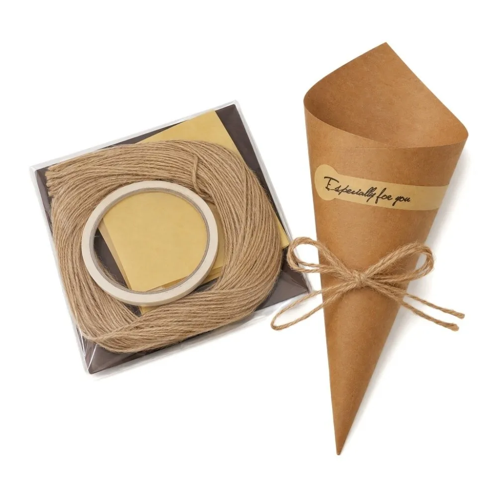 50 Pieces Paper Bouquet Wrapping Paper with Hemp Rope with Label Sticker Flower Wrapping Paper Brown Black 15x15cm