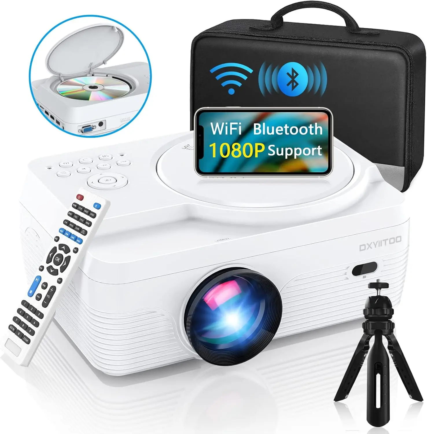 

Портативный мини-проектор Full HD с Wi-Fi и Bluetooth, встроенным DVD-плеером, 12000 лм, 1080P для просмотра фильмов на улице и домашнего кинотеатра
