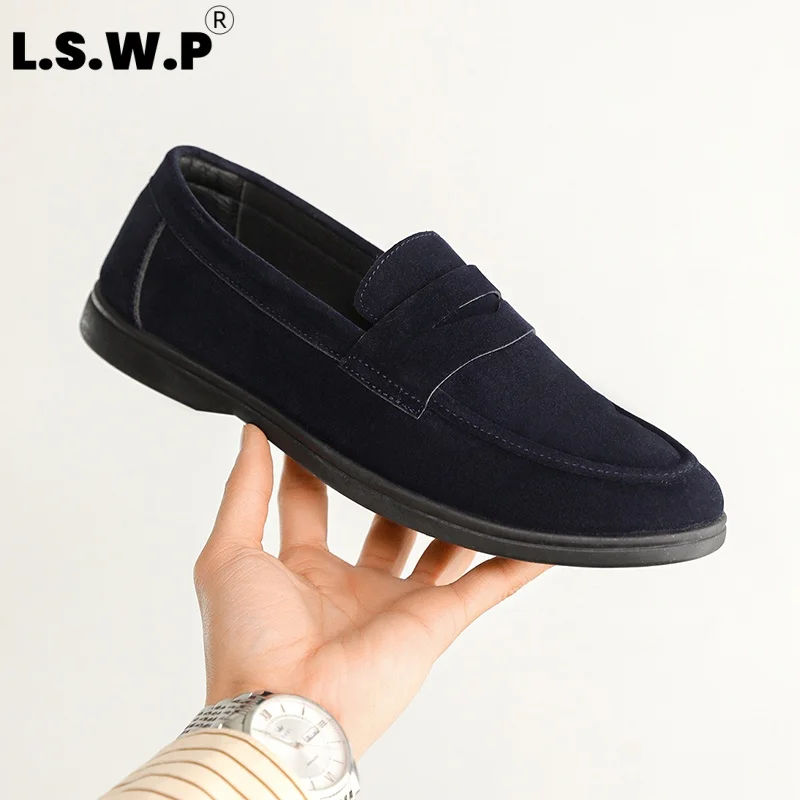 Men's Casual Sneakers, Men's Suede Penny Loafers, Slip-On Style, Delicate Suede Upper That Is Breathable and Doesn'T Stuffy the Feet, Soft and Elastic Rubber Flat Sole That Is Non-Slip and Wear-Resistant, Retro Simple Design, Versatile for Commuting, Business, and Daily Casual Wear, Available in Brown and Navy Blue.