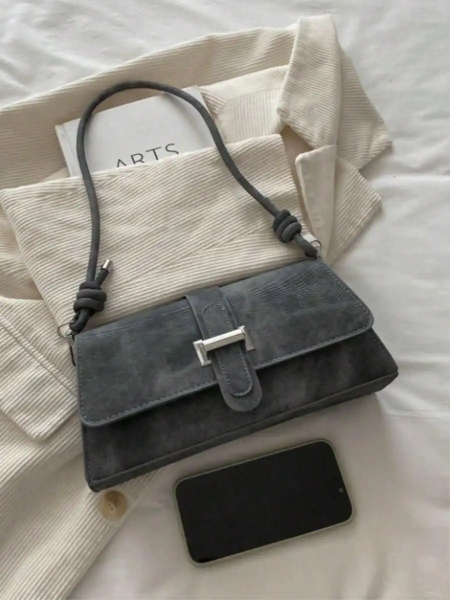 

Gray Faux Suede Mini Flap Shoulder Bag With Metal Buckle For Women