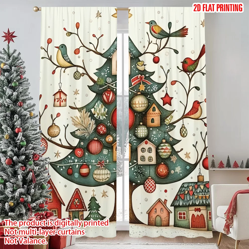 

2pcs 2D flat printing Merry Christmas Popular Curtains Christmas Town 100% Polyester Without Electricity Festive Wall Decor Use