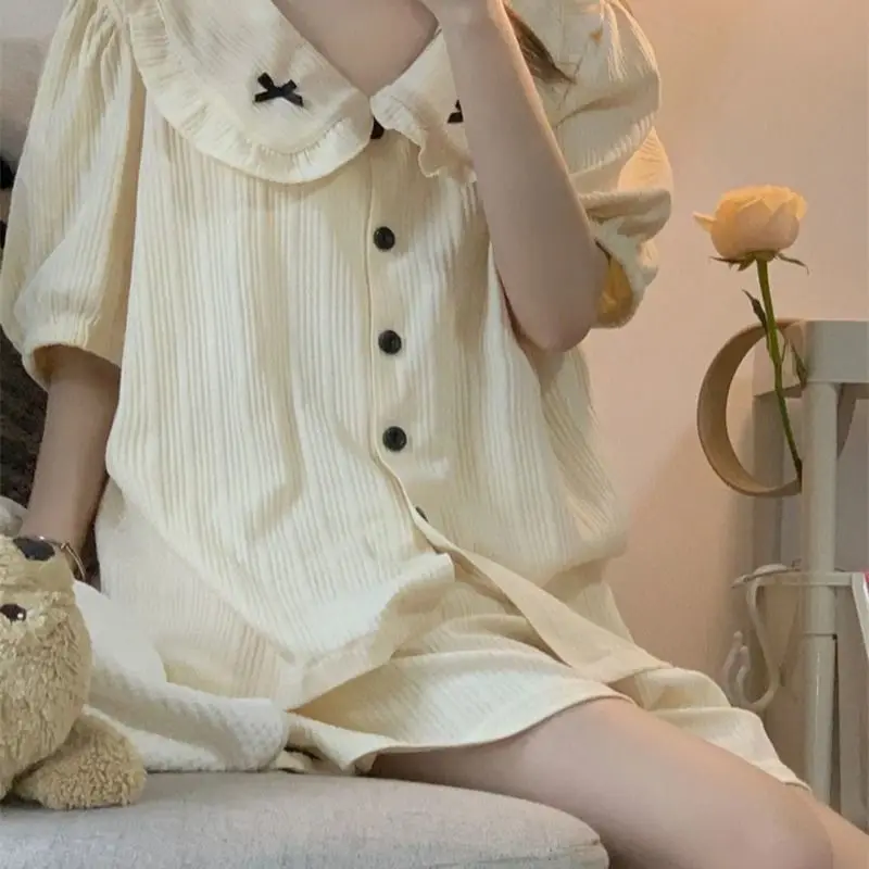 New Summer Pajamas Set For Women Short Sleeve Sweet Cute Teenage Summer Loungewear Set Button Shirt + Shorts 2 Pieces Set