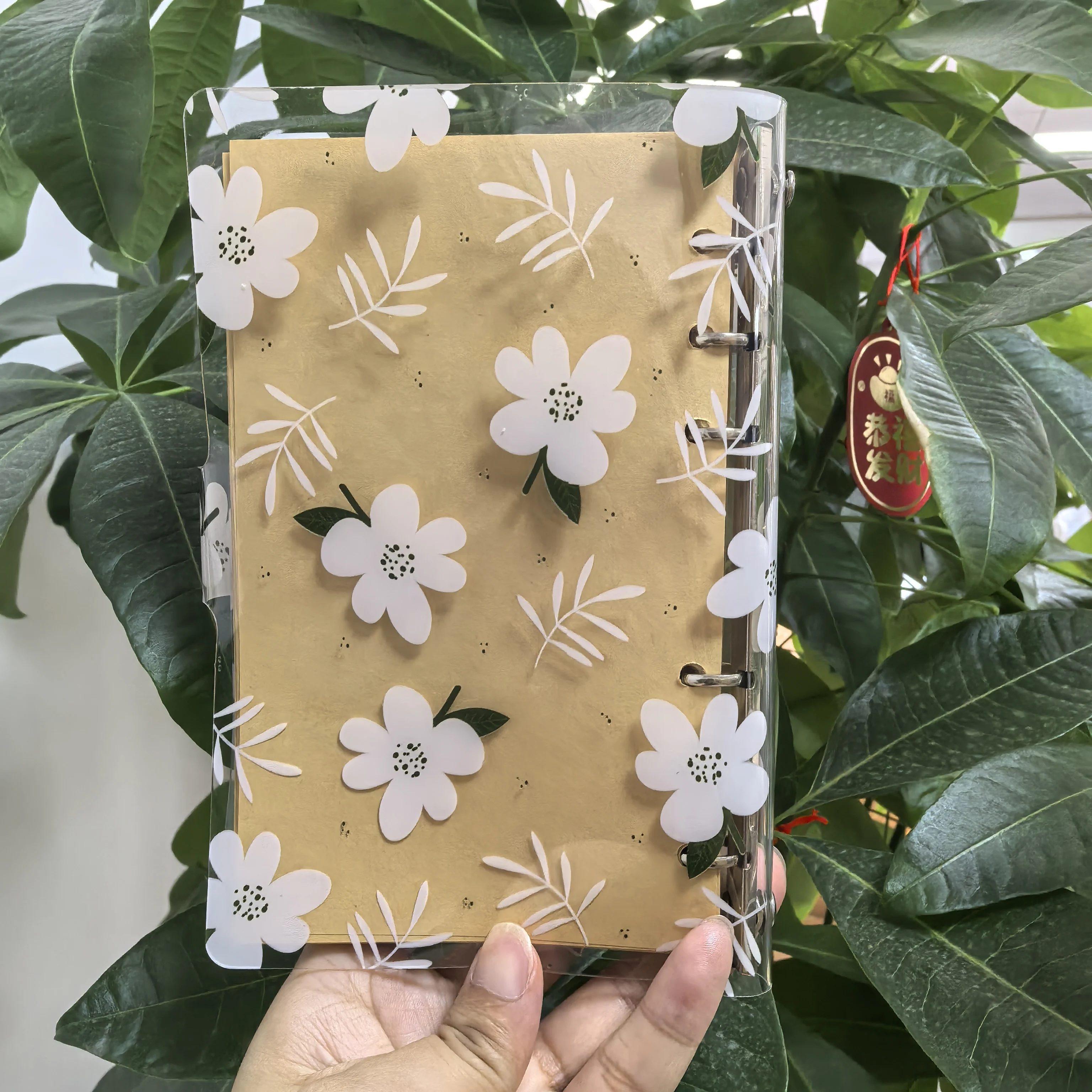 Cute Floral Transparent Loose Leaf Notebook, A6 Ring Binder Journal with Snap Button, Kawaii Stationery for School & Daily Use