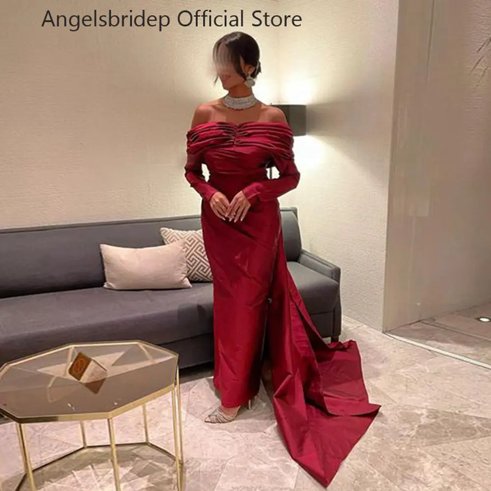 

ANGELSBRIDEP Mermaid Burgund Satin Evening Dresses Women Formal Prom Gowns Long Sleeves Tail Vestidos De Noiva Robe De Soiree