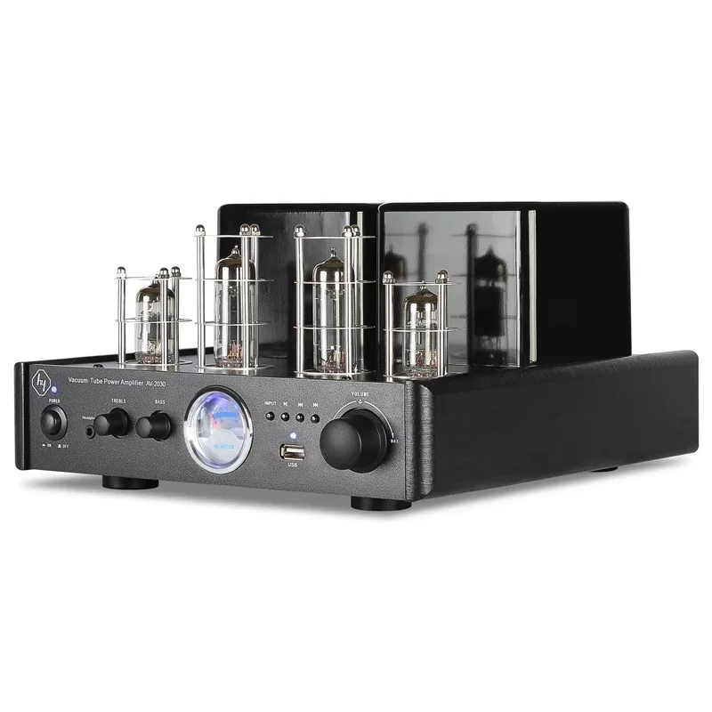 AV-2030BL Vacuum Tube Amplifier 2.0 Stereo HiFi Tube Amp with VU Meter USB DAC Treble Bass Control for Bookshelf Speakers