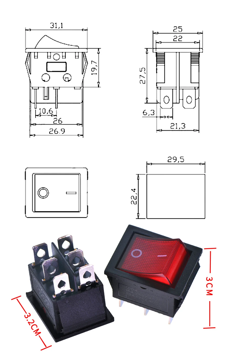 KCD4 Rocker switch ship type switch rocker power button 4/6PIN red light green light 31x25mm16A/30A 250v ON-OFF/ON-OFF-ON