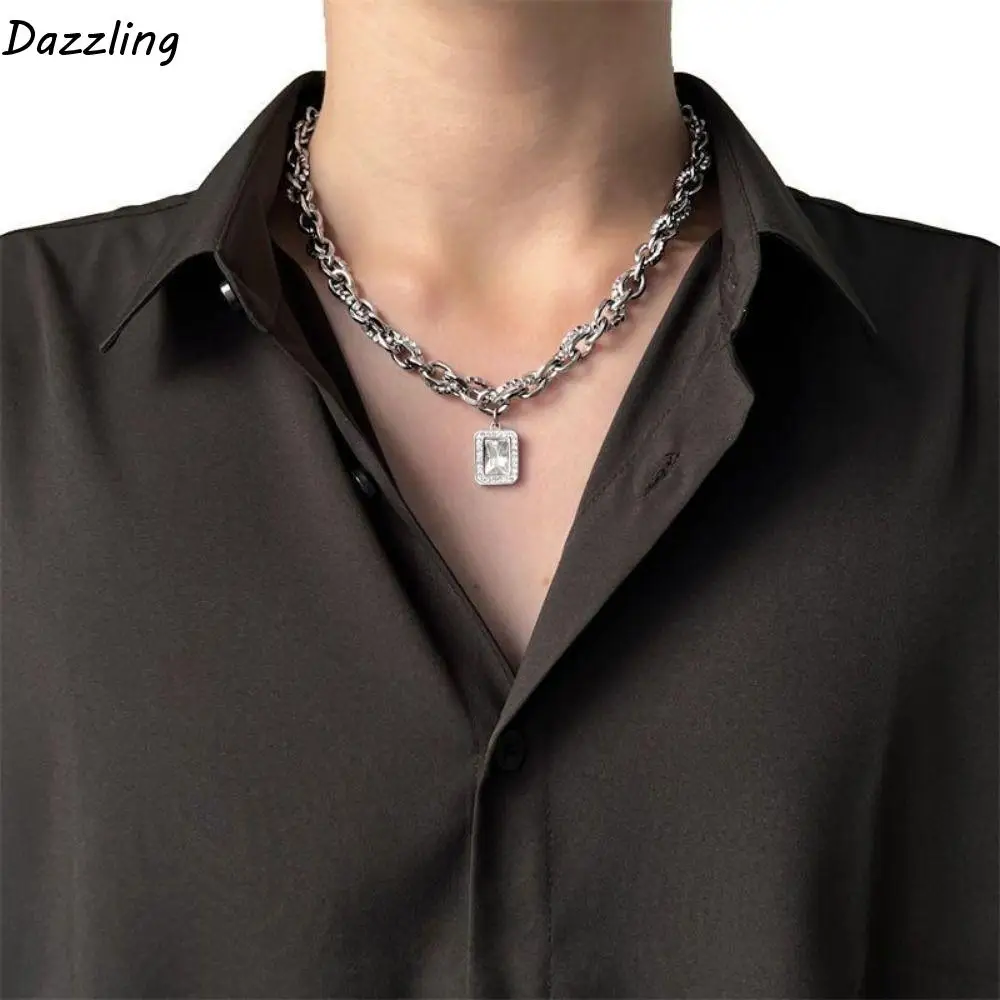 

Non-Fading Stainless Steel Necklace Geometry Hip-hop Style Square Zircon Necklace Trendy Rhinestone