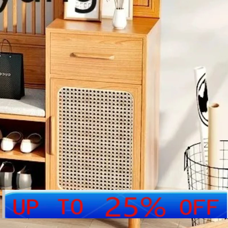 

LMM Solid Wood Home Entrance Hall Rattan Shoe Cabinet Partition Living Room Integrated Entrance Cabinet Screen
