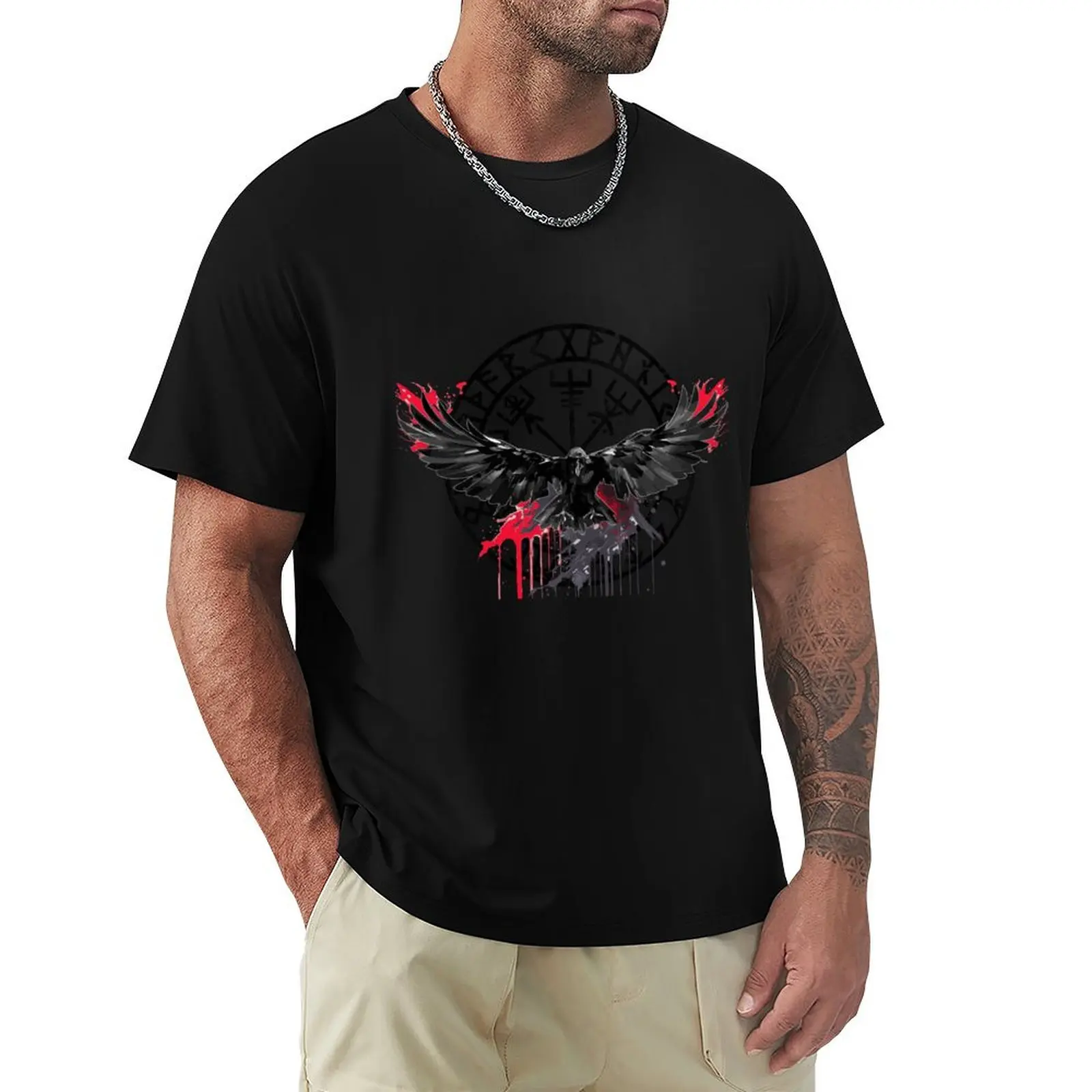 Vegvisir Viking Rune with Ravens Hugin and Munin- Protection Rune, Valhalla. T-Shirt Casual All Match Tee Shirt for Men