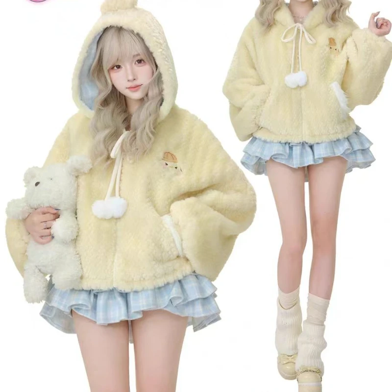Doce lolita estilo 2 peça define feminino kawaii bola de pelúcia quente casaco com capuz xadrez mini bolo saias terno outono inverno y2k outfits