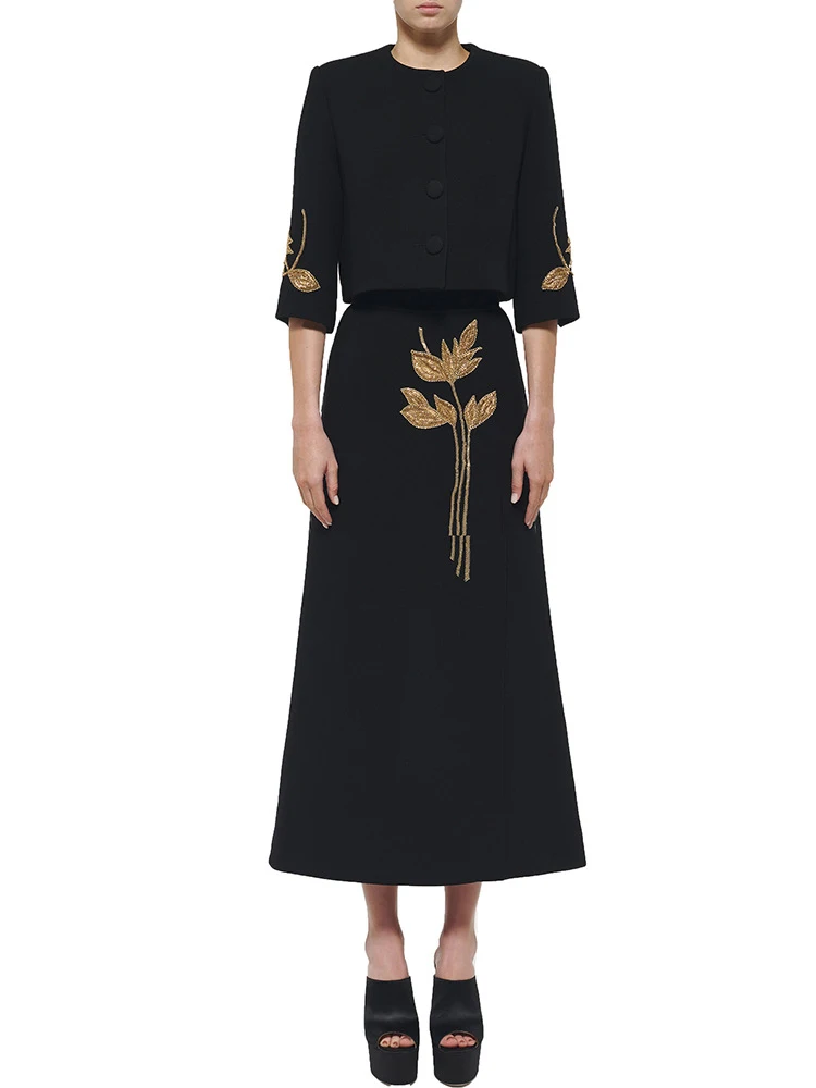 VGH Spliced Embroidered Flares Two Piece Sets For Women Round Neck Half Sleeve Tops High Waist A Line Skirts Elegant Set Female