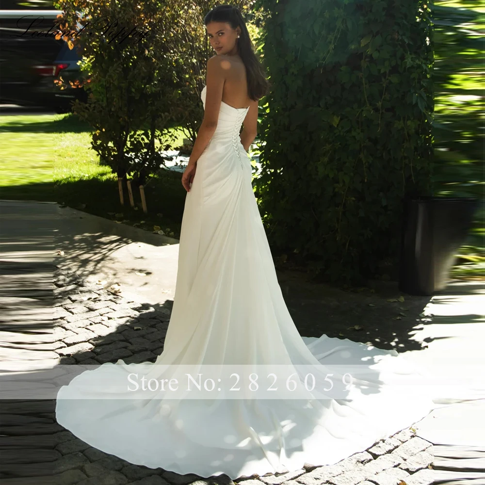 Lceland Poppy Customized Strapless Mermaid Satin Wedding Dresses Pleated Sleeveless Bridal Gowns with High Slit