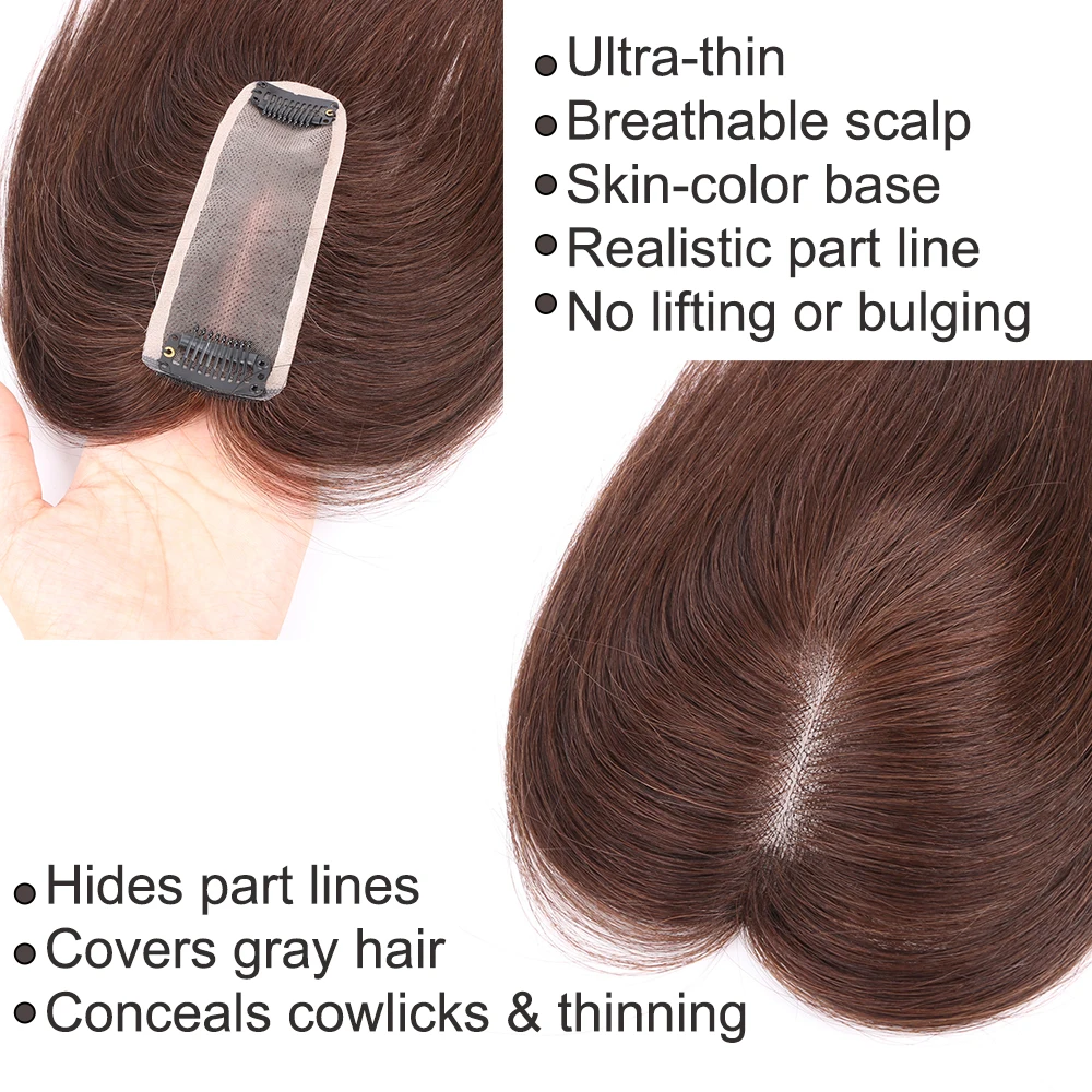 # 2 Capelli Topper 4x13 cm Mono Base Tinta Estensione Dei Capelli Umani Vergini Traspirante Per Sottile Linea Sottile/Copertura Capelli Grigi sulla Parte Dei Capelli