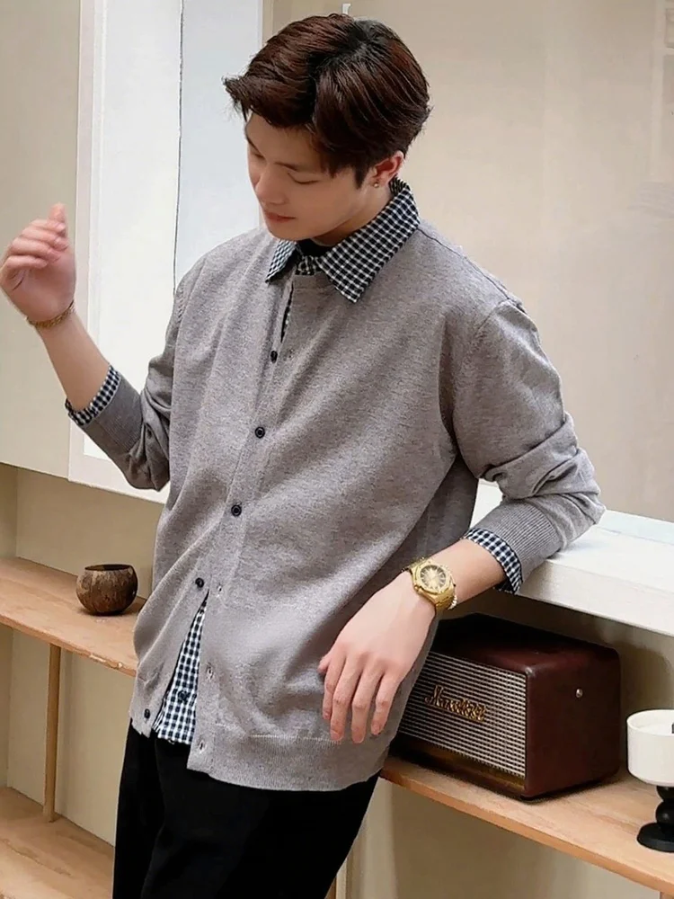 

Long Sve Men's irt Patchwork Knitwear Cardigan Outerwear Fake Two-Piece Sle Polyester Fiber Campus Casual Wear