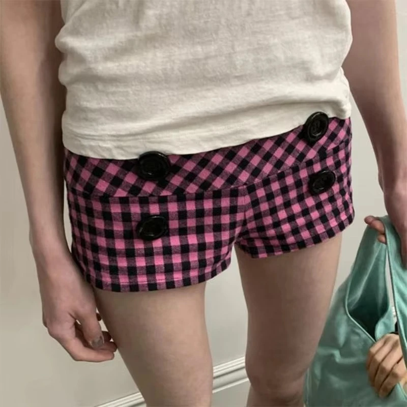 New Summer Street Retro Women's Hot Pants Korean Casual Style Personality Pattern Button Contrast Low Waist Ultra Short Shorts