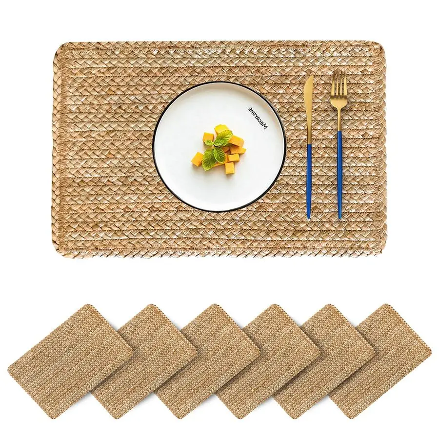 

Placemats Set of 6 Rattan Placemats Rectangle Natural Placemats Wicker Heavy Braided Straw Placemat Farmhouse Square Plates Plac