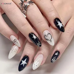 Y2K Fake Nails Black Almond Press on Nails Silver Love Heart Five-pointed Star Bowknot Designs Wearable Manicure for Woman 24Pcs