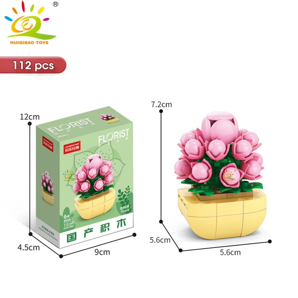 HUIQIBAO MOC Flower Succulent Potted Model Building Block DIY Eternal Bouquet Home Desk Plant Decor Brick Girl Gift Children Toy