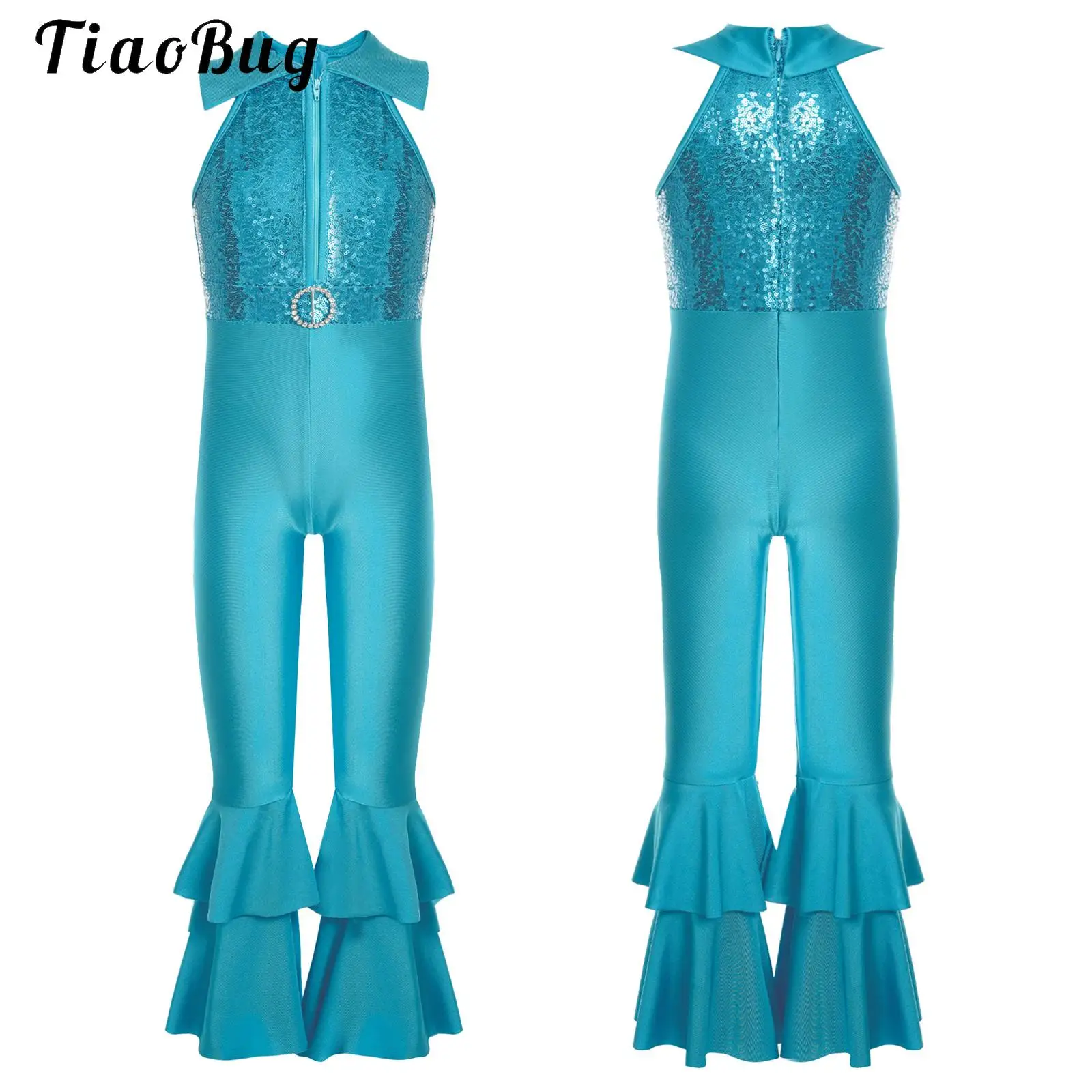Shiny Sequins Moden Jazz Hip-Hop Jumpsuits for Kids Girls Halloween 70s 80s Hippie Disco Cosplay Party Prom Romper Dance Wear