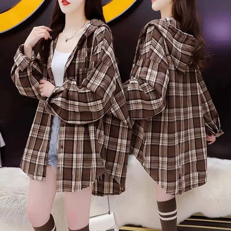 Hooded Plaid Long Sleeved Shirt for Women\'s Spring Autumn New Korean Version Lazy Style Loose Casual Commuting Shirt Jacket Top