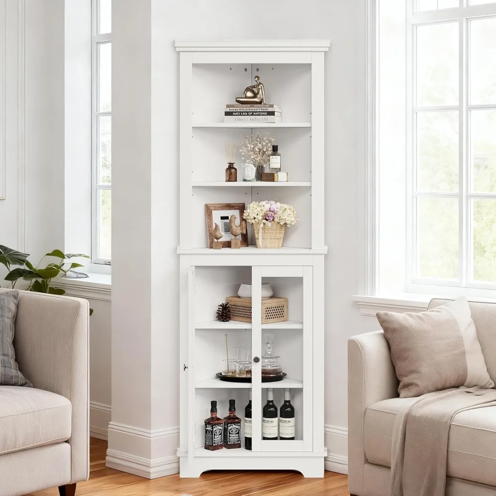 

Storage Cabinet, 65 Tall Freestanding Bookcase with Glass Doors & Adjustable Shelves, Farmhouse 5-Tier Corner Display Cab