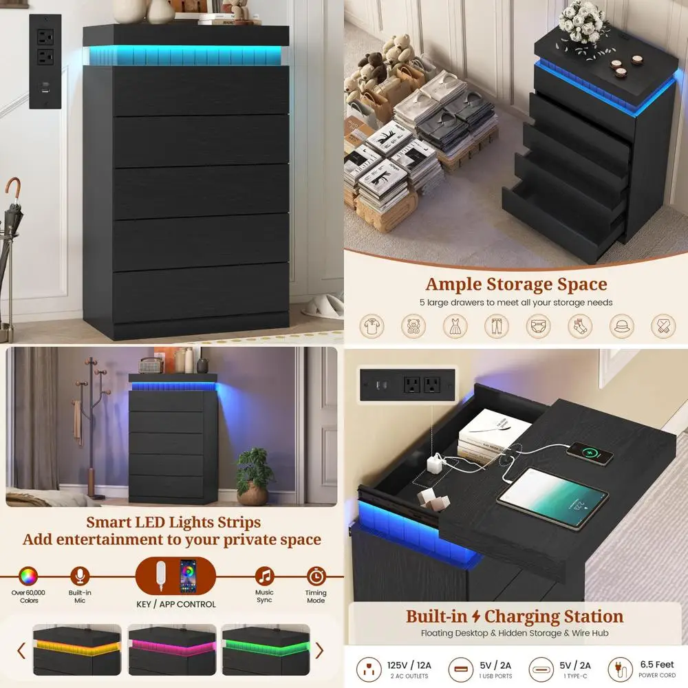 Contemporary Large 5-Drawer Black Dresser with LED Lighting and Power Outlet for Bedroom Storage