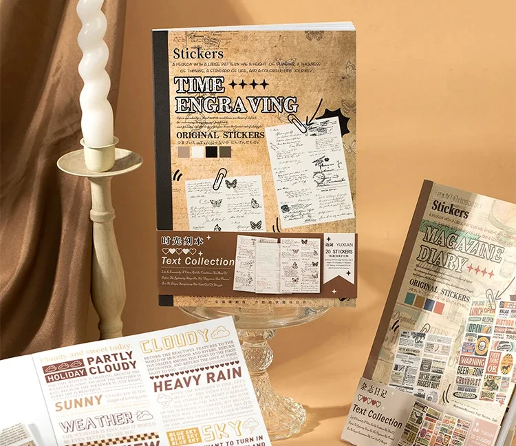 20 Sheets/pack Retro English Lable Sign Characters Letters Collage Washi Paper Sticker Book for Scrapbooking Junk Journal Diary