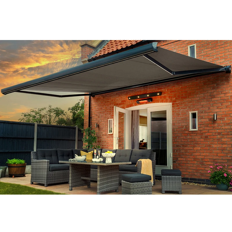 Toldo retrátil elétrico de cassete completa, à prova d'água, braço dobrável, dossel para varanda, pátio e exterior, abrigo motorizado de sol e chuva