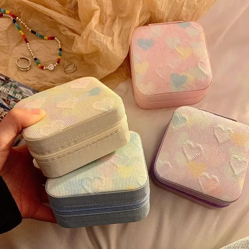 Portable Travel Jewelry Storage Box With Cute Heart Embroidery Multi Compartment For Daily Use Short Trips