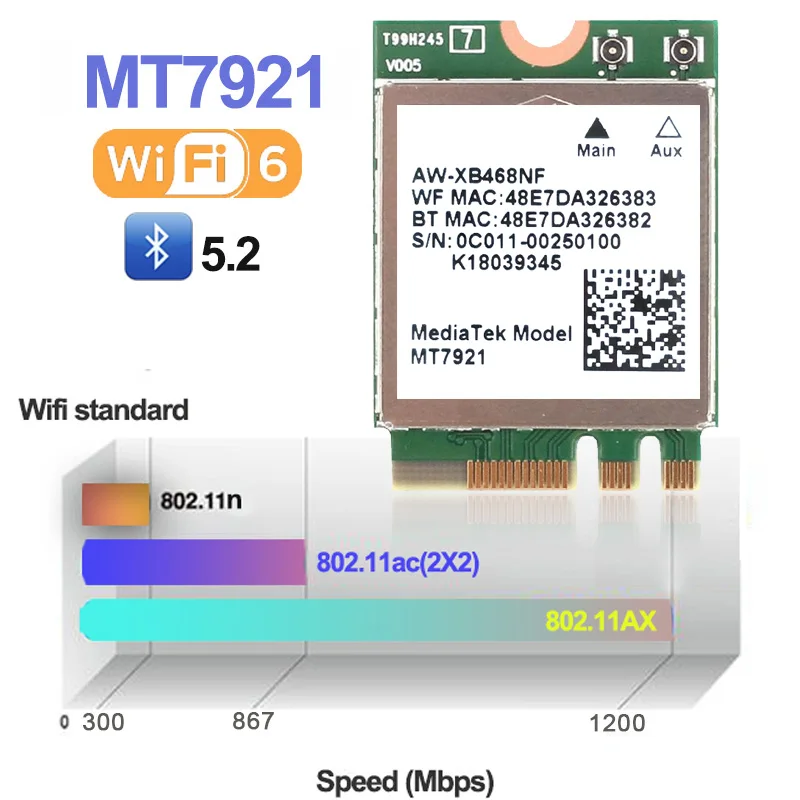 Used Wi-Fi 6 MediaTek MT7921k MT7921 1800M Bluetooth 5.2 NGFF M.2 wireless wifi network card supports windows10 / 11