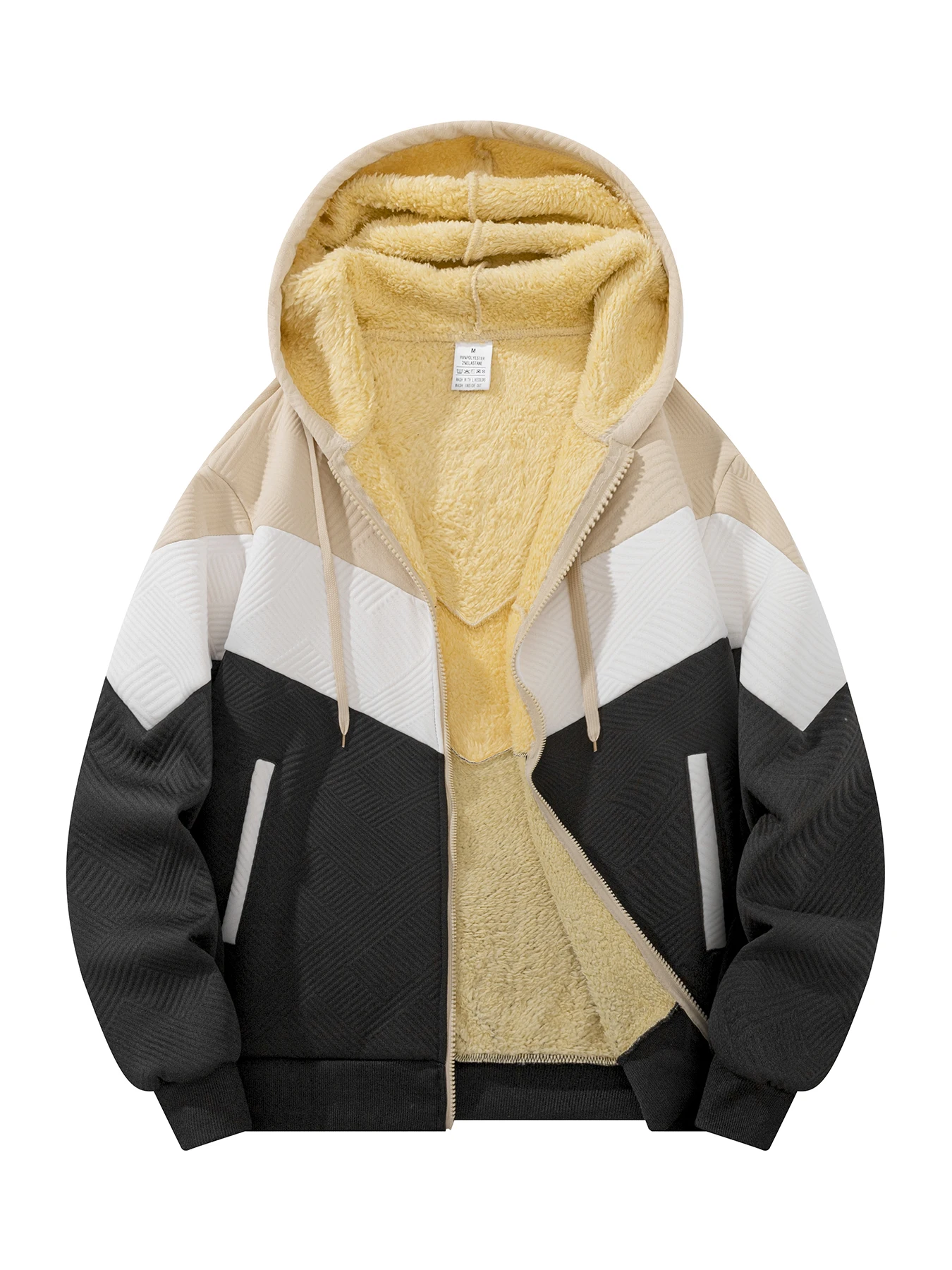 Men Color Block Geometric Texture Zip Hooded Jacket Warm Lined Drawstring Hoodie Rib Cuff Winter Casual Outer Coat