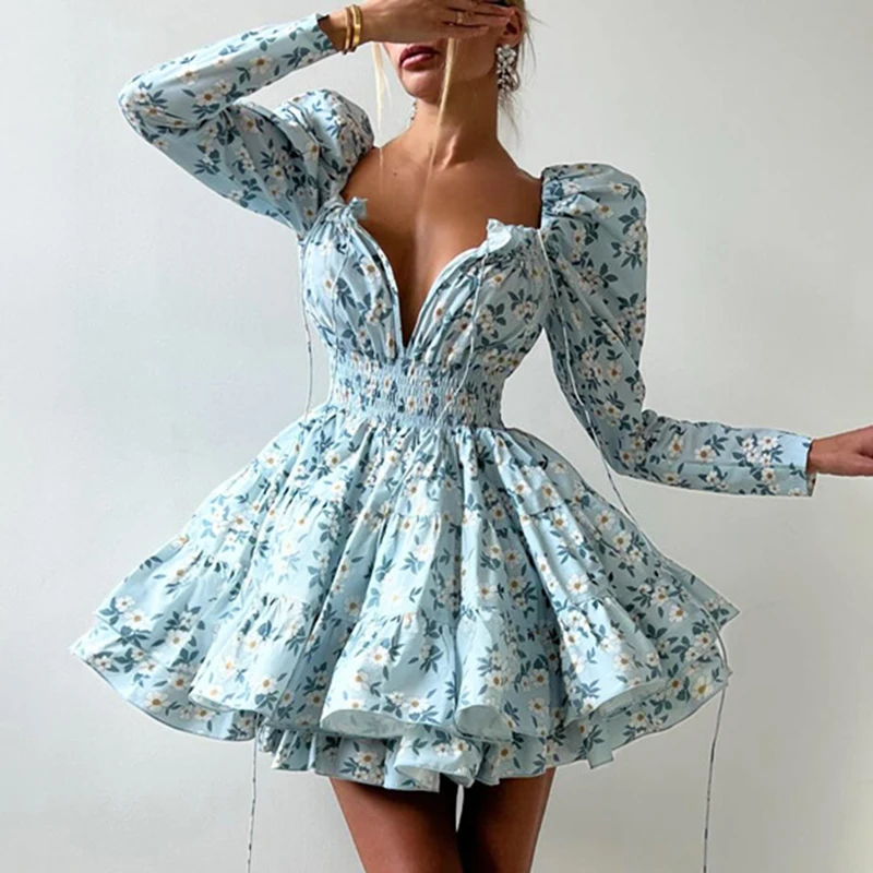 

Ticketsx Autumn Printed Lace Up V Neck Long Sleeve Dress Elegant Slim Ruched High Waist A- Line Dress Date Party Evening Dress