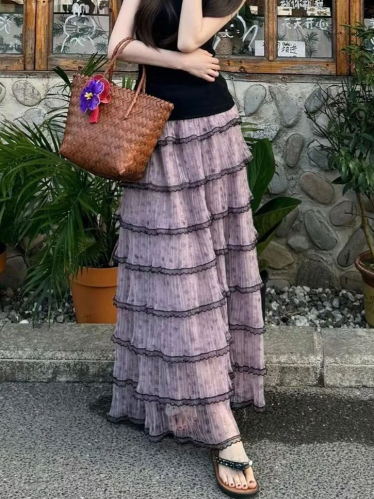 French Sweet Sexy Lace Design Long Skirt Women Chic Elegant Y2k Vintage Midi Skirt Harajuku Purple Lovely Korean Popular Clothes