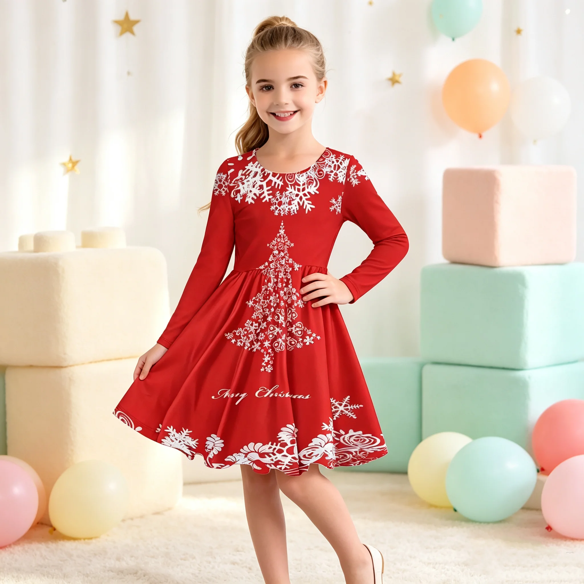 Girls Christmas Tree & Snowflake Print Dress Casual round Neck Long Sleeve Mid-Length Skirt Elegant Children's Outfit for Kids